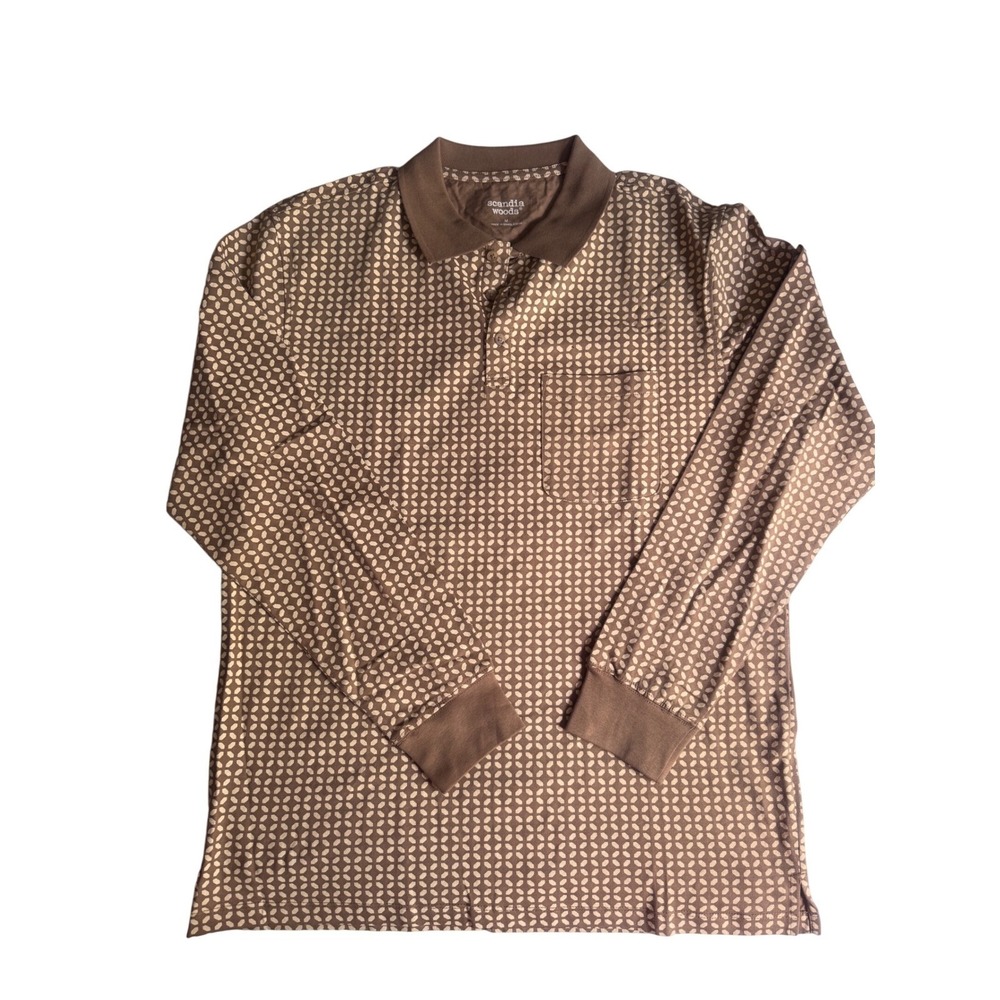 Scandia Woods‎ Mens Long Sleeve Polo Shirt Mocha Geometric Print Size M BLB04521